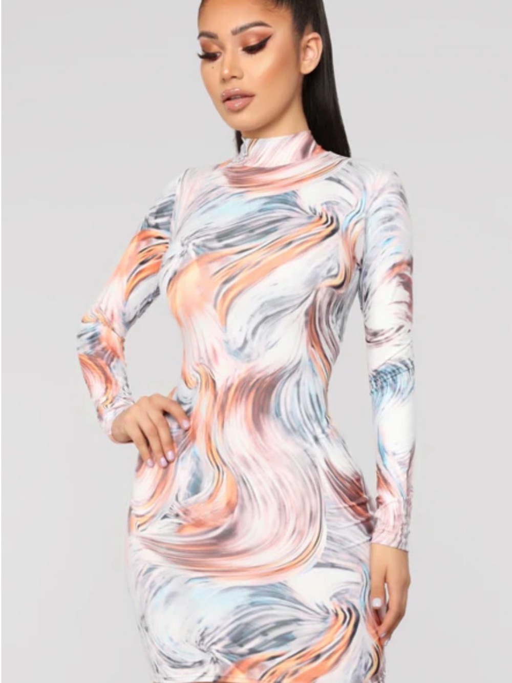 Fashion Nova Marble Swirl Bodycon Dress in Peach, Blue & White
